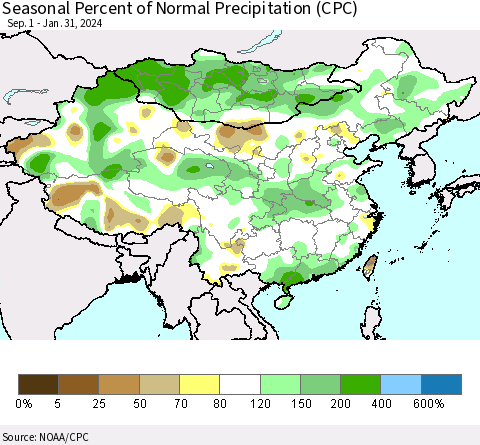 China, Mongolia and Taiwan Seasonal Percent of Normal Precipitation (CPC) Thematic Map For 9/1/2023 - 1/31/2024