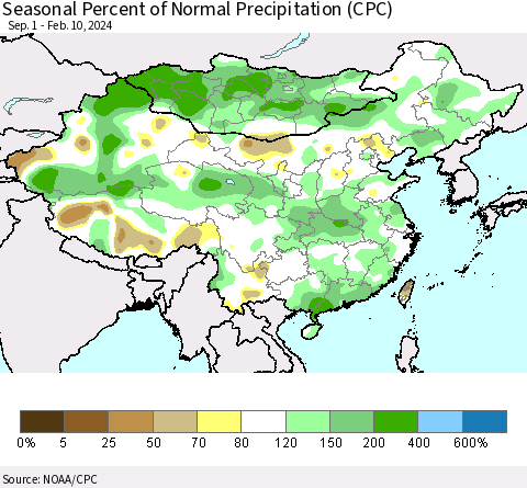 China, Mongolia and Taiwan Seasonal Percent of Normal Precipitation (CPC) Thematic Map For 9/1/2023 - 2/10/2024