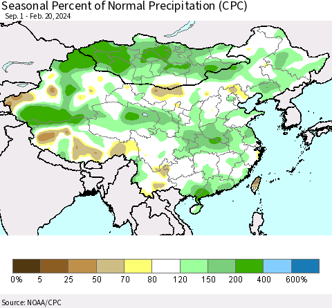China, Mongolia and Taiwan Seasonal Percent of Normal Precipitation (CPC) Thematic Map For 9/1/2023 - 2/20/2024