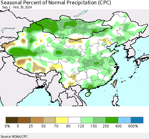 China, Mongolia and Taiwan Seasonal Percent of Normal Precipitation (CPC) Thematic Map For 9/1/2023 - 2/29/2024