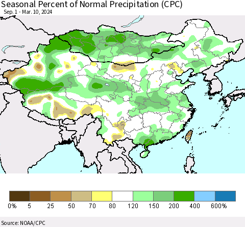 China, Mongolia and Taiwan Seasonal Percent of Normal Precipitation (CPC) Thematic Map For 9/1/2023 - 3/10/2024