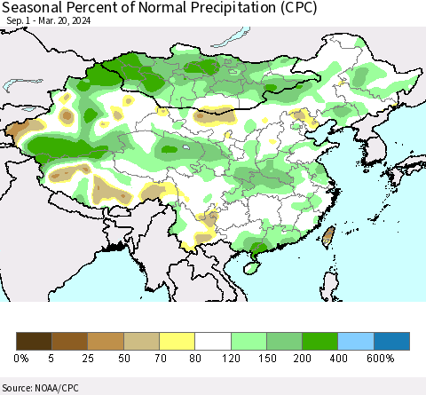 China, Mongolia and Taiwan Seasonal Percent of Normal Precipitation (CPC) Thematic Map For 9/1/2023 - 3/20/2024