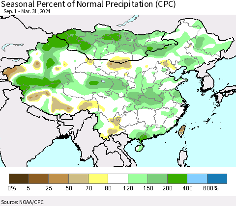 China, Mongolia and Taiwan Seasonal Percent of Normal Precipitation (CPC) Thematic Map For 9/1/2023 - 3/31/2024