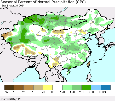 China, Mongolia and Taiwan Seasonal Percent of Normal Precipitation (CPC) Thematic Map For 9/1/2023 - 4/10/2024