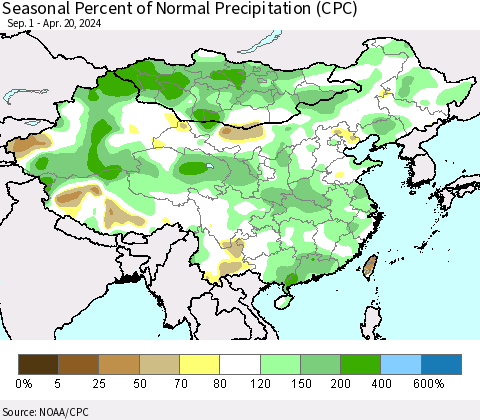 China, Mongolia and Taiwan Seasonal Percent of Normal Precipitation (CPC) Thematic Map For 9/1/2023 - 4/20/2024