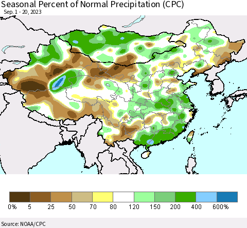 China, Mongolia and Taiwan Seasonal Percent of Normal Precipitation (CPC) Thematic Map For 9/1/2023 - 9/20/2023