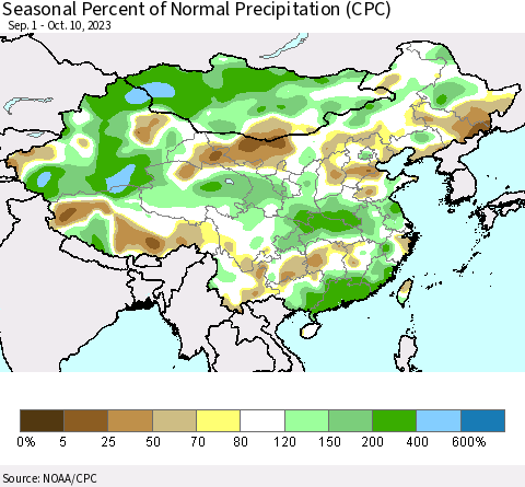 China, Mongolia and Taiwan Seasonal Percent of Normal Precipitation (CPC) Thematic Map For 9/1/2023 - 10/10/2023