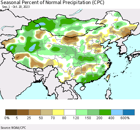 China, Mongolia and Taiwan Seasonal Percent of Normal Precipitation (CPC) Thematic Map For 9/1/2023 - 10/20/2023