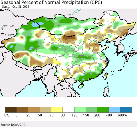 China, Mongolia and Taiwan Seasonal Percent of Normal Precipitation (CPC) Thematic Map For 9/1/2023 - 10/31/2023