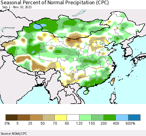 China, Mongolia and Taiwan Seasonal Percent of Normal Precipitation (CPC) Thematic Map For 9/1/2023 - 11/10/2023