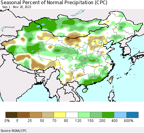 China, Mongolia and Taiwan Seasonal Percent of Normal Precipitation (CPC) Thematic Map For 9/1/2023 - 11/20/2023