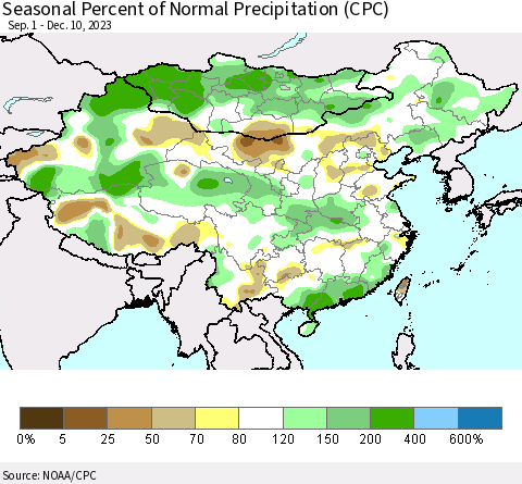 China, Mongolia and Taiwan Seasonal Percent of Normal Precipitation (CPC) Thematic Map For 9/1/2023 - 12/10/2023