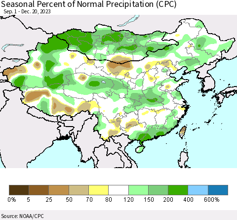 China, Mongolia and Taiwan Seasonal Percent of Normal Precipitation (CPC) Thematic Map For 9/1/2023 - 12/20/2023