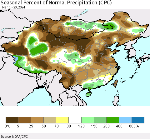 China, Mongolia and Taiwan Seasonal Percent of Normal Precipitation (CPC) Thematic Map For 3/1/2024 - 3/20/2024