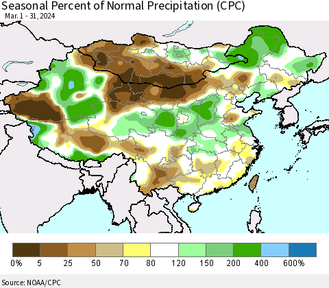 China, Mongolia and Taiwan Seasonal Percent of Normal Precipitation (CPC) Thematic Map For 3/1/2024 - 3/31/2024