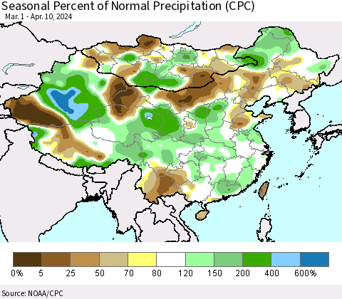 China, Mongolia and Taiwan Seasonal Percent of Normal Precipitation (CPC) Thematic Map For 3/1/2024 - 4/10/2024