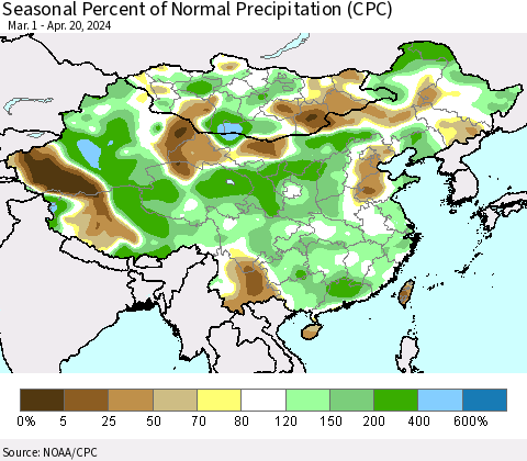 China, Mongolia and Taiwan Seasonal Percent of Normal Precipitation (CPC) Thematic Map For 3/1/2024 - 4/20/2024