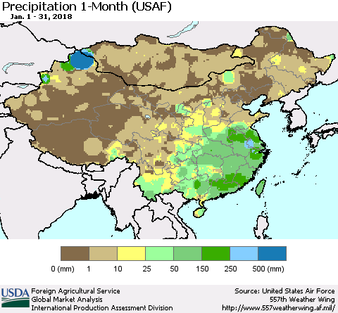 China, Mongolia and Taiwan Precipitation 1-Month (USAF) Thematic Map For 1/1/2018 - 1/31/2018