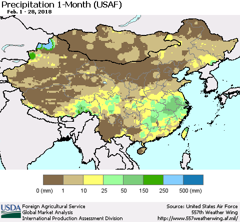 China, Mongolia and Taiwan Precipitation 1-Month (USAF) Thematic Map For 2/1/2018 - 2/28/2018