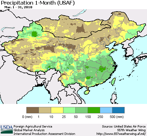China, Mongolia and Taiwan Precipitation 1-Month (USAF) Thematic Map For 3/1/2018 - 3/31/2018