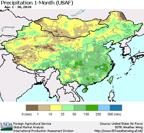China, Mongolia and Taiwan Precipitation 1-Month (USAF) Thematic Map For 4/1/2018 - 4/30/2018