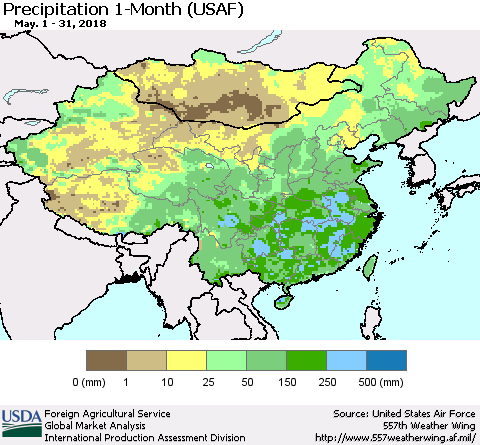 China, Mongolia and Taiwan Precipitation 1-Month (USAF) Thematic Map For 5/1/2018 - 5/31/2018