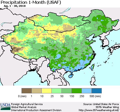 China, Mongolia and Taiwan Precipitation 1-Month (USAF) Thematic Map For 6/1/2018 - 6/30/2018