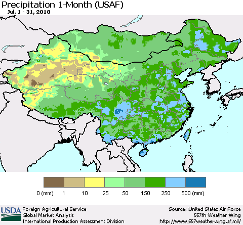 China, Mongolia and Taiwan Precipitation 1-Month (USAF) Thematic Map For 7/1/2018 - 7/31/2018