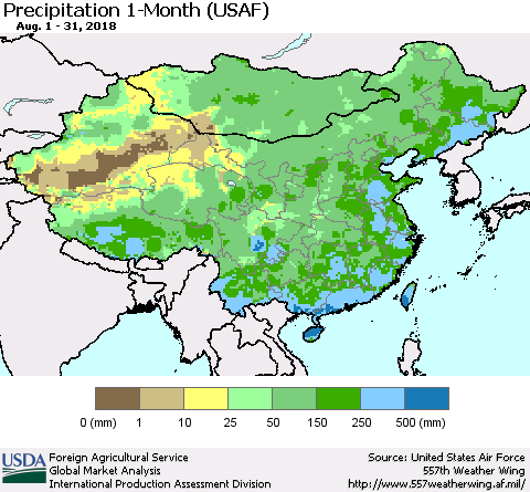 China, Mongolia and Taiwan Precipitation 1-Month (USAF) Thematic Map For 8/1/2018 - 8/31/2018