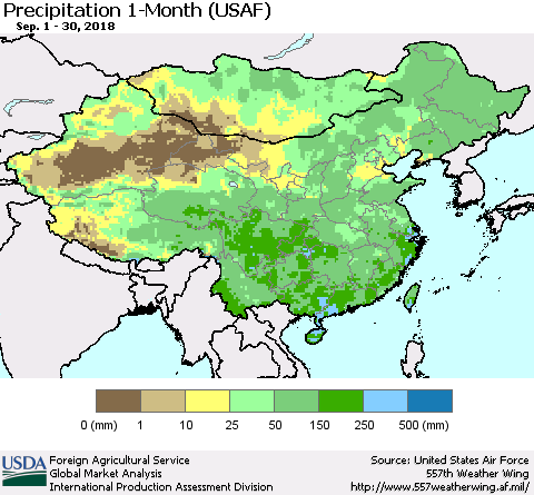 China, Mongolia and Taiwan Precipitation 1-Month (USAF) Thematic Map For 9/1/2018 - 9/30/2018