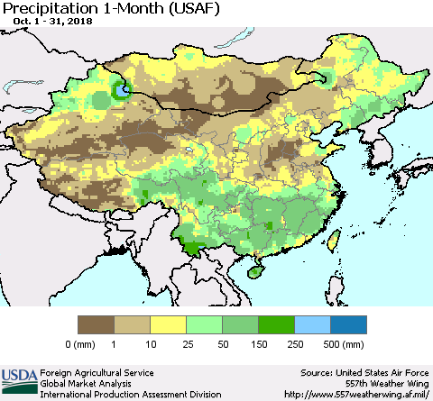 China, Mongolia and Taiwan Precipitation 1-Month (USAF) Thematic Map For 10/1/2018 - 10/31/2018