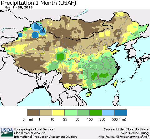 China, Mongolia and Taiwan Precipitation 1-Month (USAF) Thematic Map For 11/1/2018 - 11/30/2018