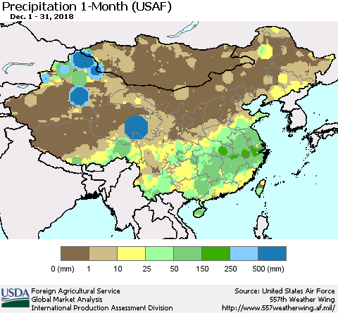 China, Mongolia and Taiwan Precipitation 1-Month (USAF) Thematic Map For 12/1/2018 - 12/31/2018