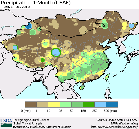 China, Mongolia and Taiwan Precipitation 1-Month (USAF) Thematic Map For 1/1/2019 - 1/31/2019