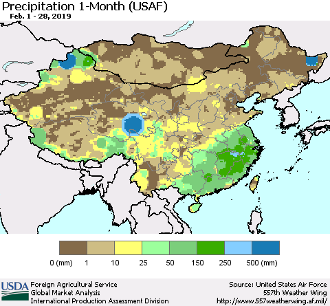 China, Mongolia and Taiwan Precipitation 1-Month (USAF) Thematic Map For 2/1/2019 - 2/28/2019