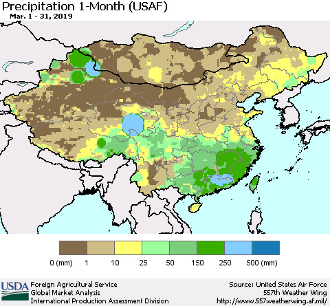 China, Mongolia and Taiwan Precipitation 1-Month (USAF) Thematic Map For 3/1/2019 - 3/31/2019