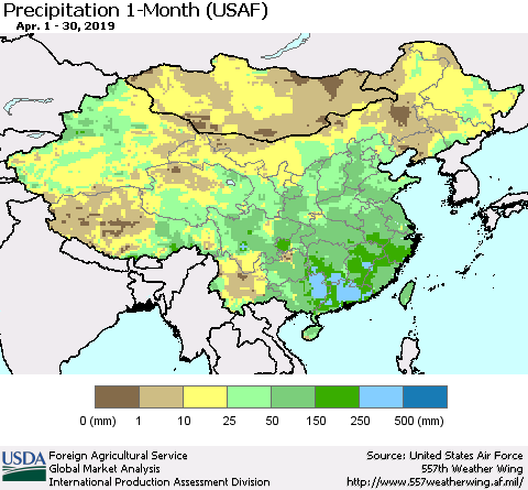 China, Mongolia and Taiwan Precipitation 1-Month (USAF) Thematic Map For 4/1/2019 - 4/30/2019