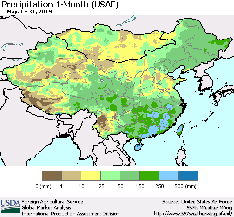 China, Mongolia and Taiwan Precipitation 1-Month (USAF) Thematic Map For 5/1/2019 - 5/31/2019