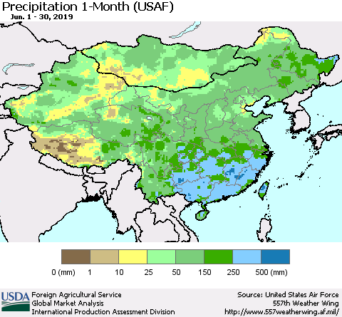 China, Mongolia and Taiwan Precipitation 1-Month (USAF) Thematic Map For 6/1/2019 - 6/30/2019