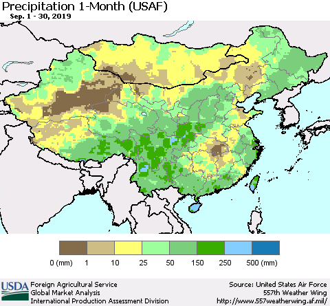 China and Taiwan Precipitation 1-Month (USAF) Thematic Map For 9/1/2019 - 9/30/2019
