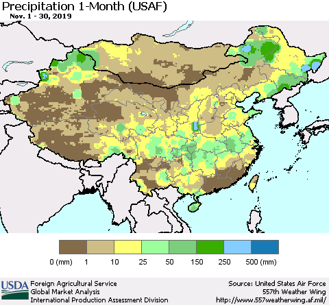China and Taiwan Precipitation 1-Month (USAF) Thematic Map For 11/1/2019 - 11/30/2019