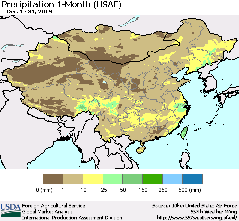 China and Taiwan Precipitation 1-Month (USAF) Thematic Map For 12/1/2019 - 12/31/2019