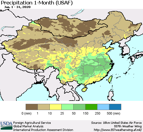 China and Taiwan Precipitation 1-Month (USAF) Thematic Map For 1/1/2020 - 1/31/2020
