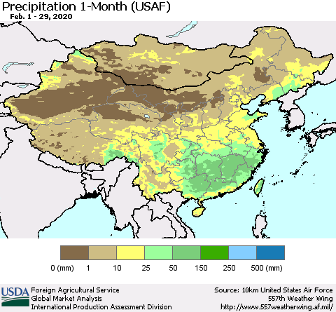 China and Taiwan Precipitation 1-Month (USAF) Thematic Map For 2/1/2020 - 2/29/2020
