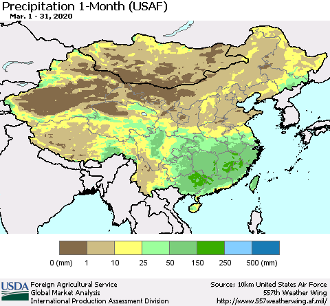 China and Taiwan Precipitation 1-Month (USAF) Thematic Map For 3/1/2020 - 3/31/2020