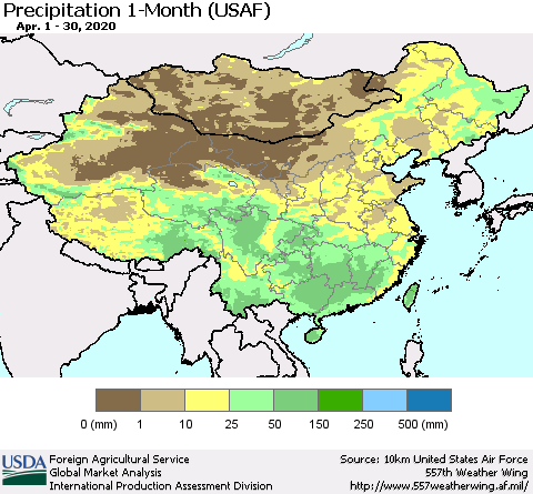 China and Taiwan Precipitation 1-Month (USAF) Thematic Map For 4/1/2020 - 4/30/2020