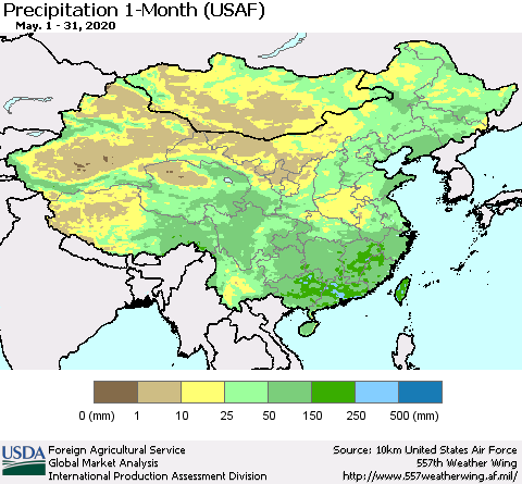 China, Mongolia and Taiwan Precipitation 1-Month (USAF) Thematic Map For 5/1/2020 - 5/31/2020