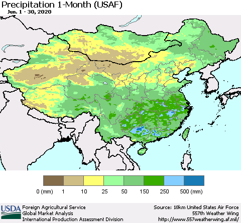 China and Taiwan Precipitation 1-Month (USAF) Thematic Map For 6/1/2020 - 6/30/2020