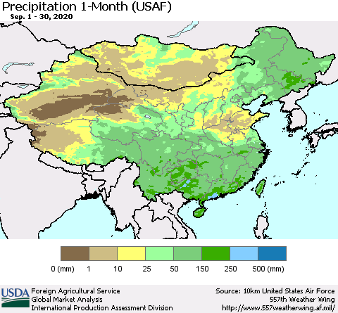 China, Mongolia and Taiwan Precipitation 1-Month (USAF) Thematic Map For 9/1/2020 - 9/30/2020
