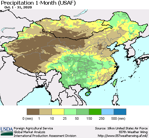 China and Taiwan Precipitation 1-Month (USAF) Thematic Map For 10/1/2020 - 10/31/2020